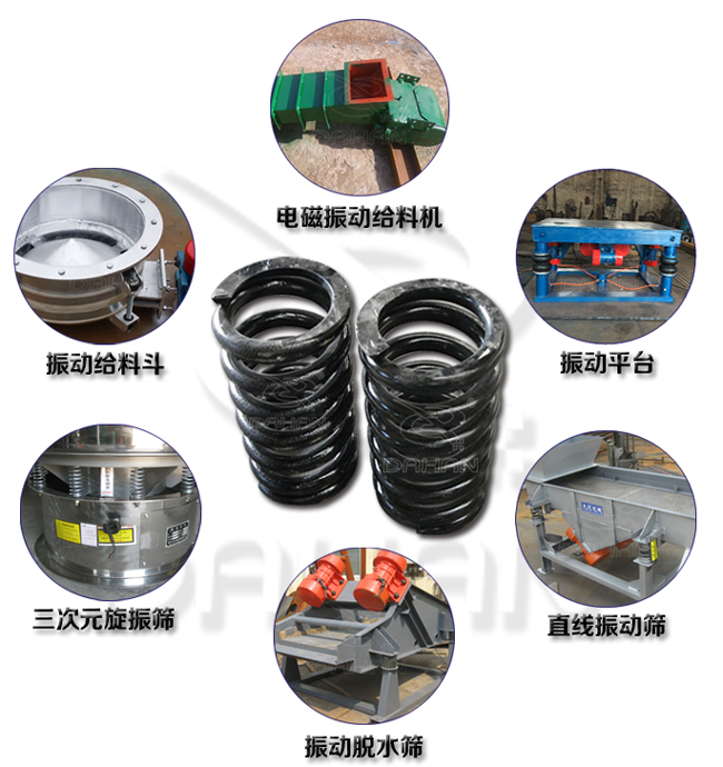 旋振篩減震彈簧適用產(chǎn)品：振動(dòng)給料機(jī)，電磁振動(dòng)給料機(jī)，振動(dòng)平臺(tái)，直線振動(dòng)篩，振動(dòng)脫水篩，三次元旋振篩。