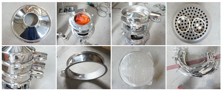 不銹鋼振動(dòng)篩結(jié)構(gòu)展示：防塵蓋，出料口，閘門(mén)，篩網(wǎng)于彈跳球，底座，振動(dòng)彈簧等。