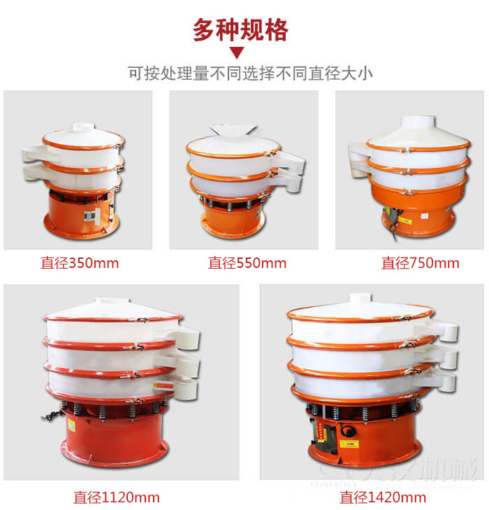 塑料振動篩不同篩分直徑進(jìn)行展示：350，550，750，1120，1420等。