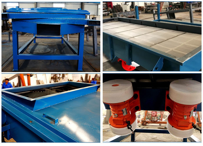 方形振動篩出料口，篩網(wǎng)和網(wǎng)架，進料口，振動電機等細節(jié)展示。