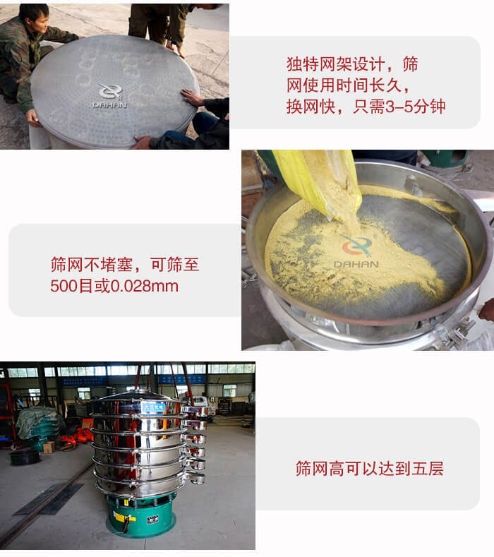 三次元振動篩的特點：篩網使用時間長換讓時間短，篩網不堵塞，可篩至500目或0.028mm。