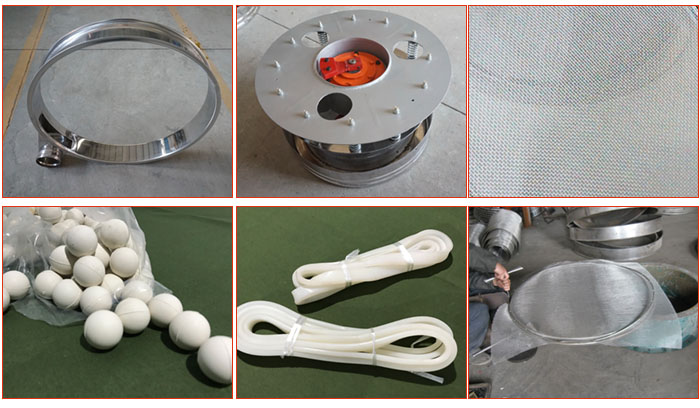 800型全不銹鋼振動篩配件有：振動篩篩框，電機，不銹鋼篩網(wǎng)等。