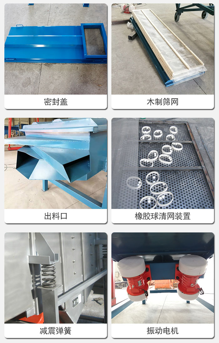 直線篩結(jié)構(gòu)展示：篩網(wǎng)，篩箱，振動(dòng)電機(jī)，振動(dòng)電機(jī)座，減震彈簧，支架等部件展示圖