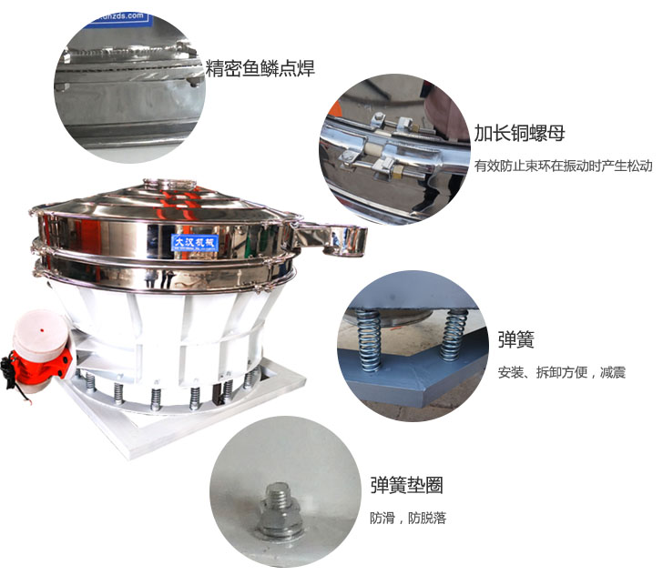 1500直排篩細(xì)節(jié)展示：彈簧，彈簧墊圈，加長銅螺母。