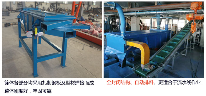 直線(xiàn)篩分機(jī)篩體各部分均采用扎制鋼板及型材焊接而成整體剛度好，牢固可靠；全封閉結(jié)構(gòu)、自動(dòng)排料、更適合于流水線(xiàn)作業(yè)。