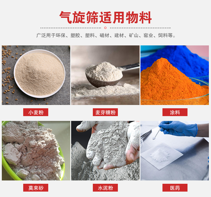 氣旋篩適用物料：小麥粉，麥芽糖粉，涂料，等粉狀物料。