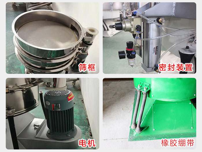 搖擺篩結(jié)構(gòu)：電機，橡膠繃帶，篩框，密封裝置等。