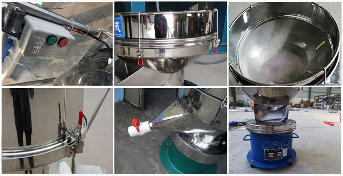 過濾篩細節(jié)展示：控制開關，篩框，出料口閥門，底座等