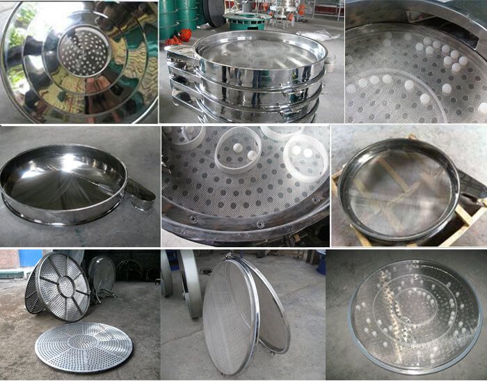 食品振動(dòng)篩細(xì)節(jié)展示：防塵蓋，篩框，網(wǎng)架，底框等。